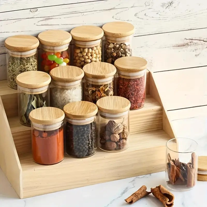 Kit Potes De Vidro Hermético 300ml Tampa De Bambu 12 Peças + Base
